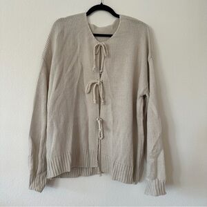 Beige Knit Cardigan with Tie Front Oversized